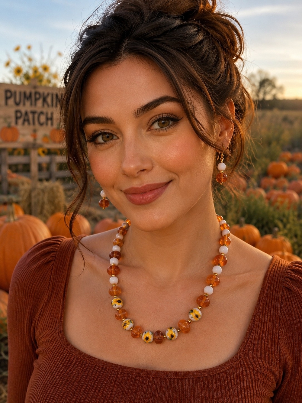Handmade Autumn Sunflower Beaded Necklace and Earring Set - Pumpkins